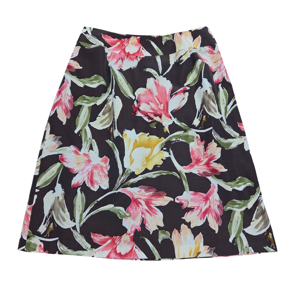 Vintage Y2K Talbots Silk Cotton Brown Floral Midi Skirt Size 12P Romantic Fall